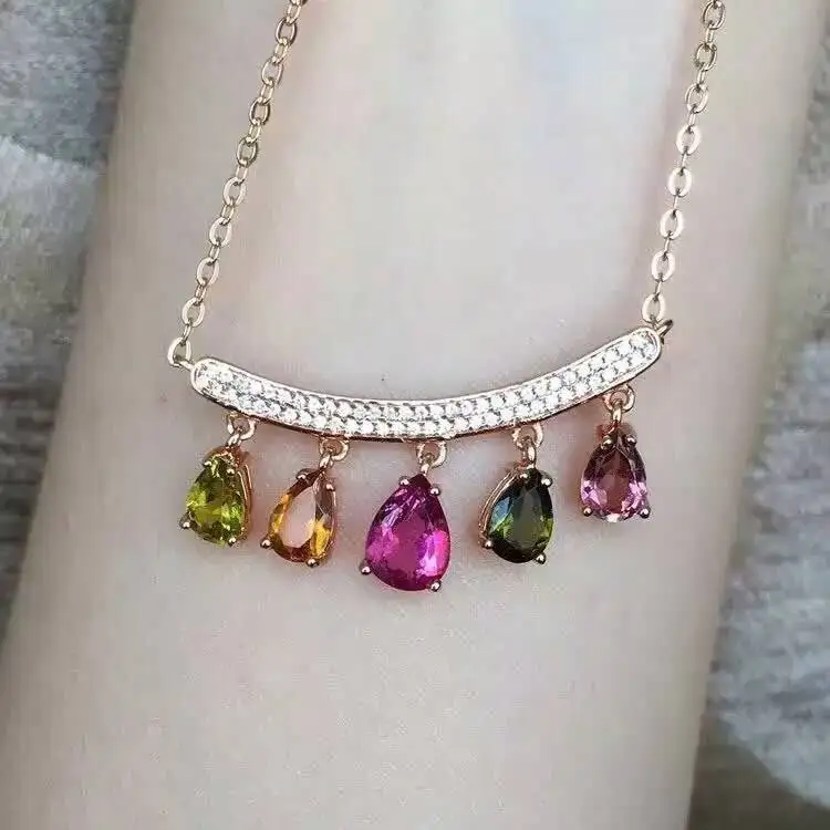  Collier naturel multicolore tourmaline collier pendentif en pierres précieuses naturelles S925 arge