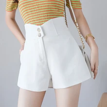 Женские шорты с высокой талией и пуговицами, лето, тонкие, тонкие, свободные, короткие штаны, а-силуэт, широкие, нестандартные, шифоновые шорты для женщин