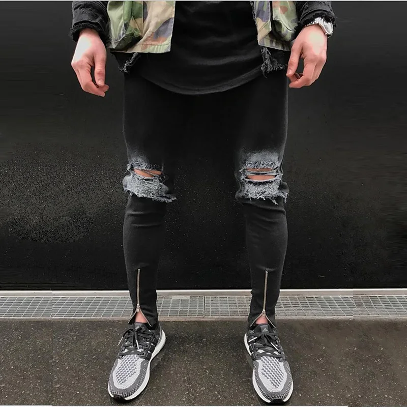Knee Hole Mens Ripped Biker Jeans Fashion Bottom Ankle Zipper Slim