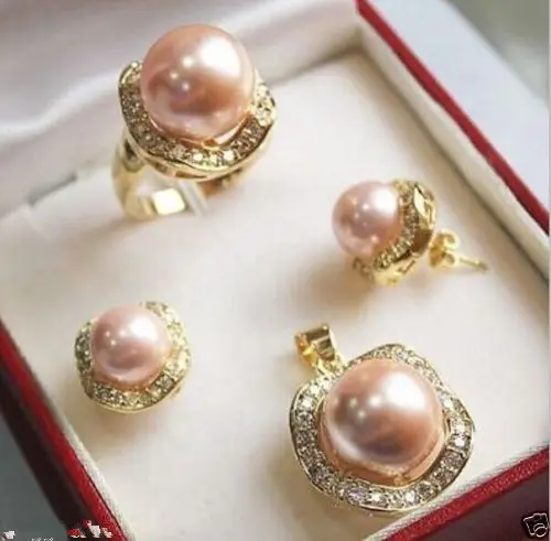 

ddh001115 Set 10mm &14mm pink South sea Shell Pearl Earrings Necklace Ring