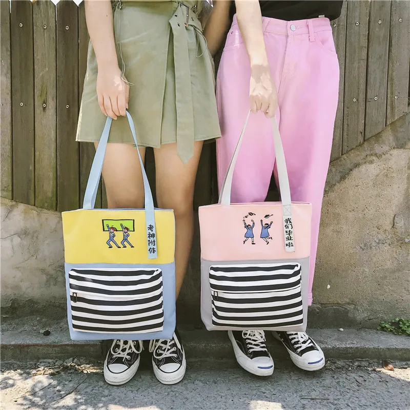 

Fashion Simple Stripe Women Canvas Shoulder Bags Messenger Bags 2019 New Female Casual Zipper Soft Students School Bags Handbags