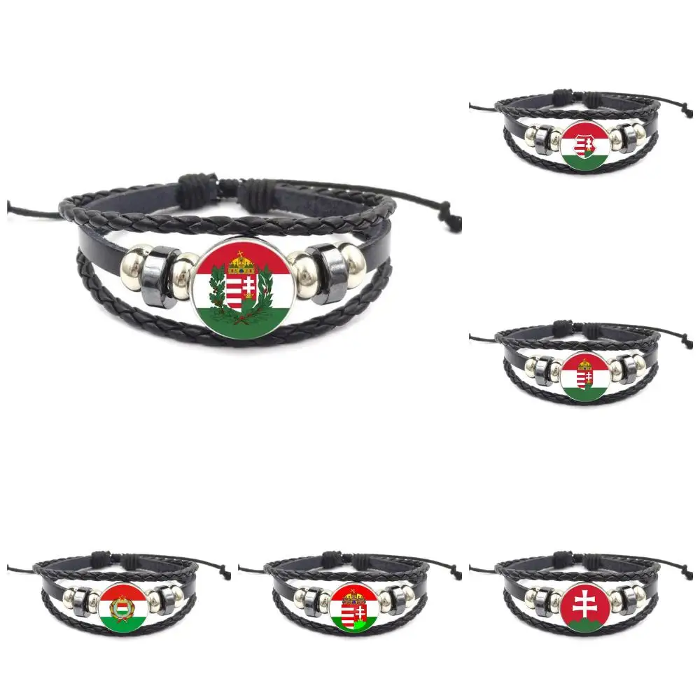

For Women Vintage Jewelry Glass Cabochon Black Leather Bracelet Bangle Hungary Flag