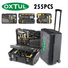 OXTUL 255 шт набор профессиональных ручных инструментов+ коробка для инструментов для прокатки торцевой ключ трещотка отвертка молоток нож набор инструментов ящик для хранения