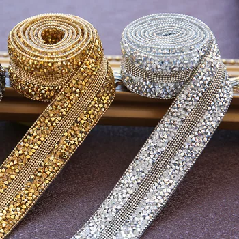 

100CM Iron On Rhinestone Tape Gold Silver Hotfix Gemstone Lace Trim Hot Drilling Beaded Chain Ribbons Bridal Dress Belt Banding