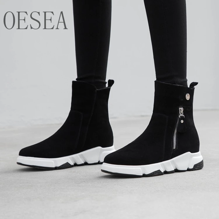 

35-42 HOT Black boots 2018 sleek minimalist warm side zip round toe flat bottom comfortable cow suede short boots