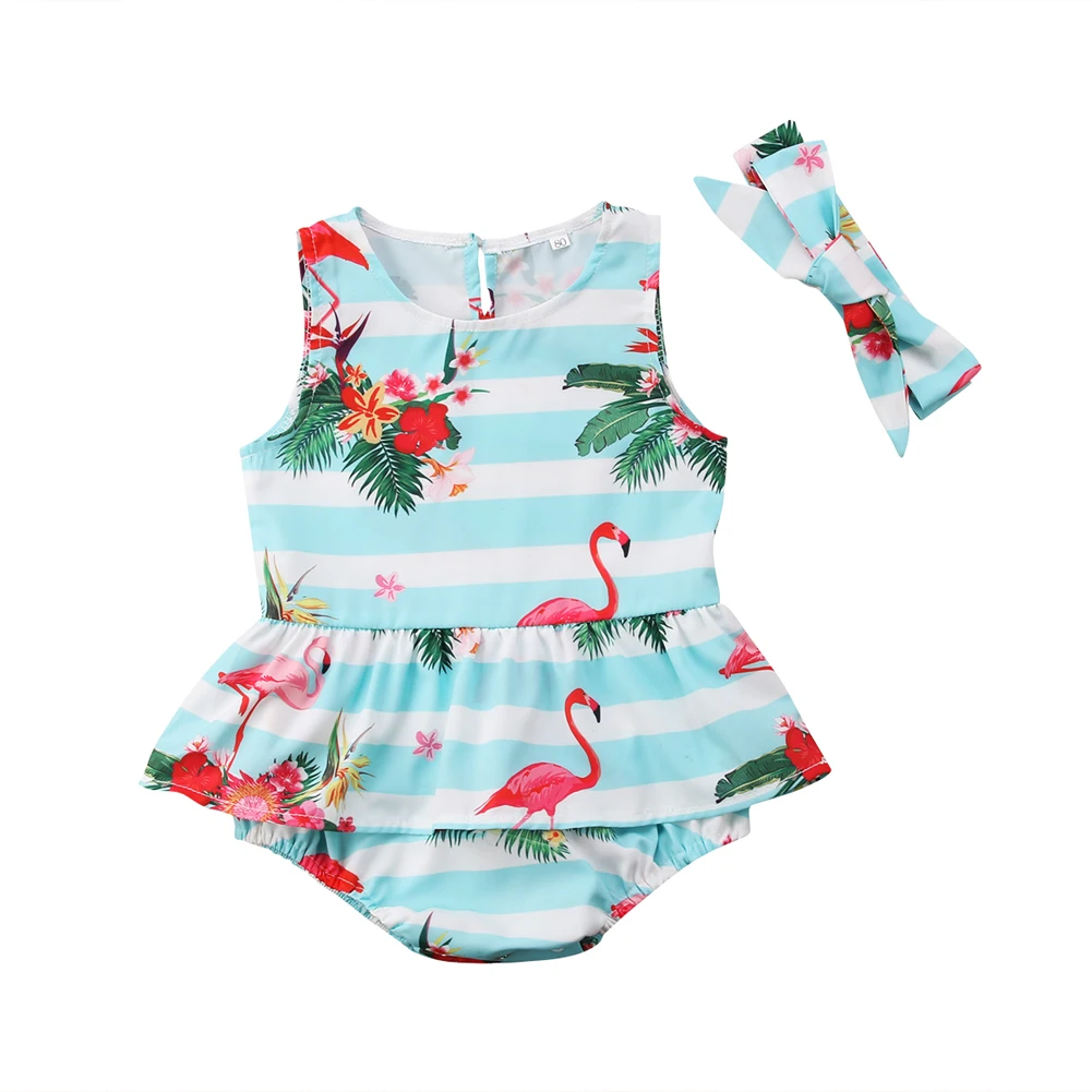 0-24 м цветочный принт фламинго для новорожденных одежда для малышей комбинезон для девочек хлопок комбинезон без рукавов с оголовьем женский пляжный костюм