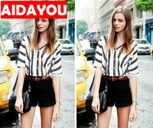 Ladies striped shirt front and rear double V-collar bat sleeve leisure fashion Blouse Ladies striped shirt front and rear double V-collar bat sleeve leisure fashion Blouse