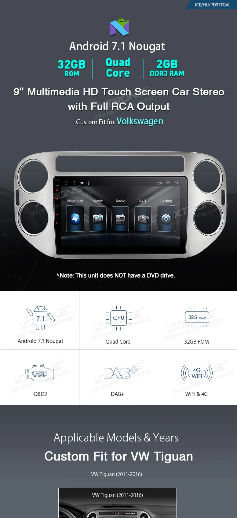 Top 9" Android 7.1 Nougat OS Car Multimedia GPS Radio for Volkswagen Tiguan 2011-2016 with 178 Degrees Viewing Angles IPS Screen 0