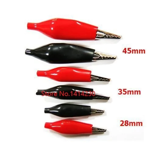

Good quality Large(45mm) Medium(35mm) Mini(28mm) Battery Insulated Crocodile Alligator Testing Clip Clamp Connector Red & Black