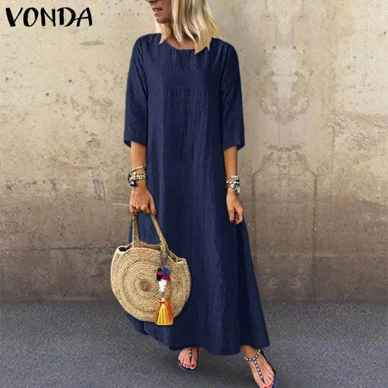 VONDA, женское винтажное богемное платье,, сексуальное, 3/4 рукав, о-образный вырез, длинное платье для вечеринки, однотонное, Vestido, женское платье, большие размеры