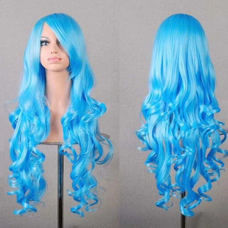 Charming Lolita Light Blue 80CM Long Wavy Wig High Temperatre Fiber Women's Party Hair High Quality Cosplay Wig