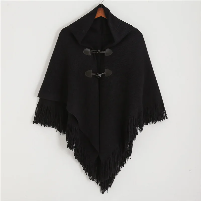 design women scarf fashion knitted cashmere winter poncho and caps lady warm coat stoles - Color: P07-black