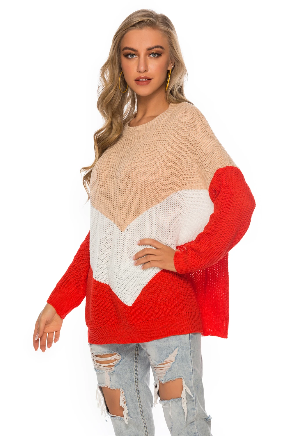 Модный женский свитер с круглым вырезом, джемпер, Женский кашемировый свитер, свитер, чистый красный INS, свободный свитер