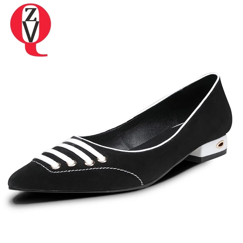 

ZVQ woman flats spring new concise casual mixed colors kid suede women shoes slip-on pointed toe shallow ladies shoes size 34-39