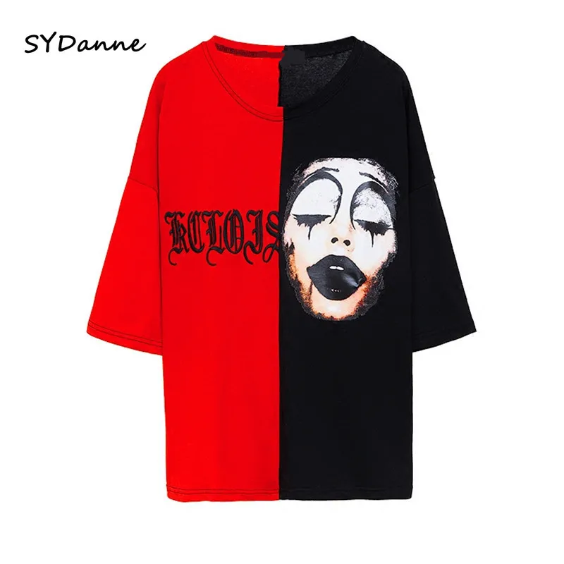 

SYDanne 2019 Summer Black and Red Patchwork Clown Short Sleeve Embroidery Contrast Color Couples OS Loose Casual Sports T-shirt