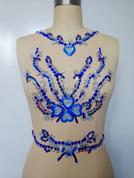 

ZBROH Handmade crystal patches sew on dark blue/clear AB colour Rhinestones applique with stones sequins beads 45*24cm