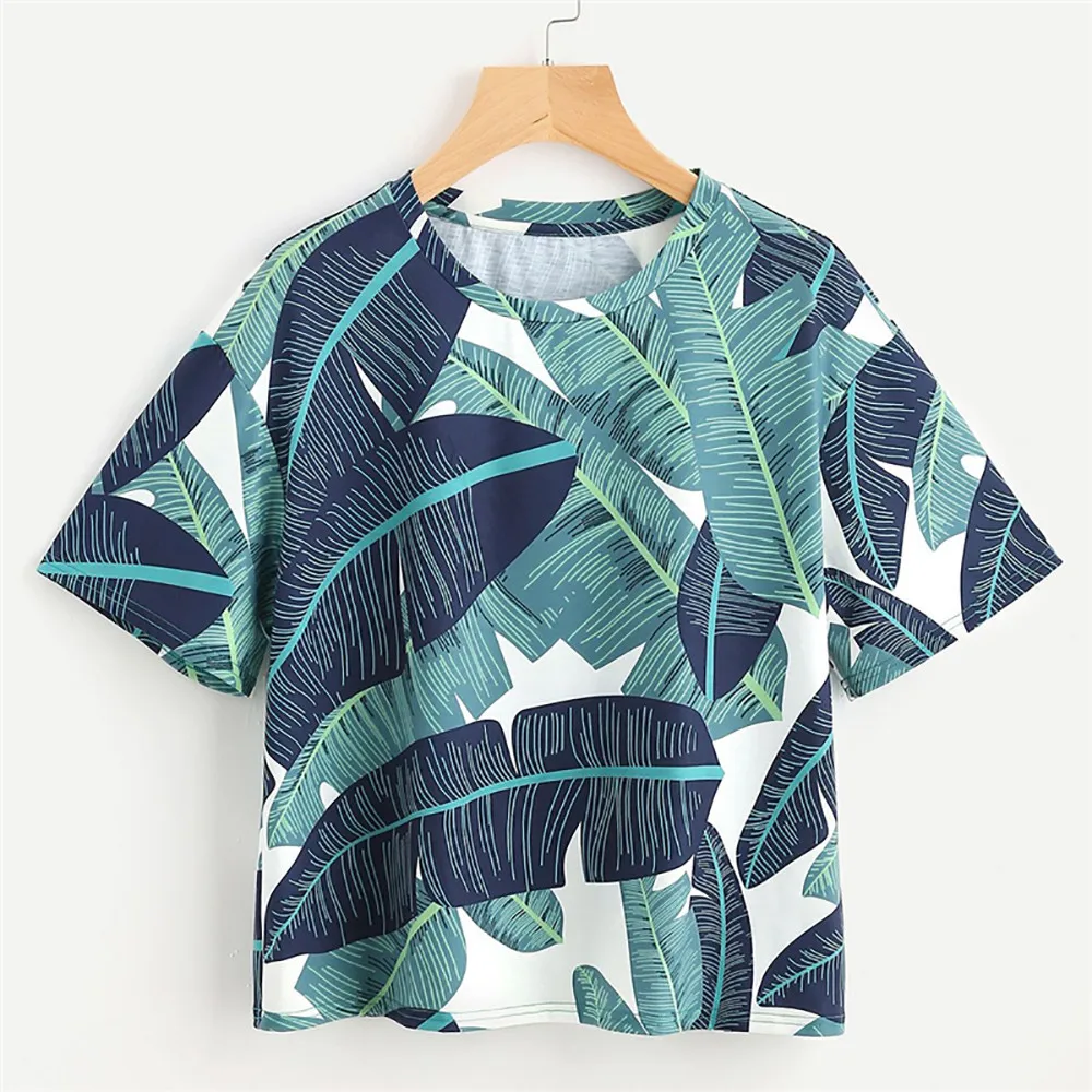 

Women Clothing O-Neck T-shirt Short Sleeve Leaf Print Loose Pullover Tops Summer Tops For Women 2019 T Shirt Femme Basic Tshirt