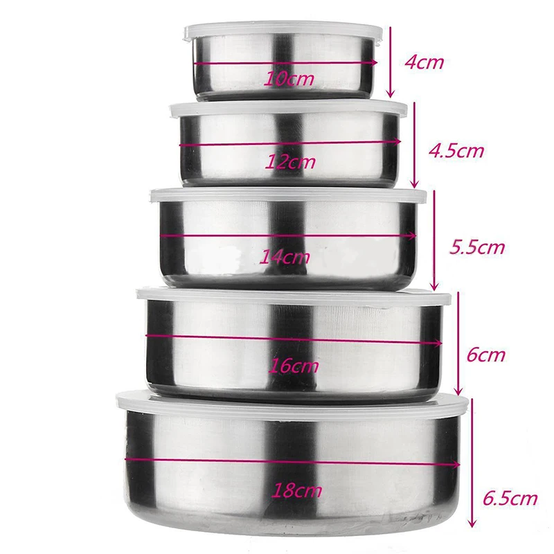 5pcs 1 set New Stainless Steel Mixing Crisper Food Container 5 Bowls with 5 Lids