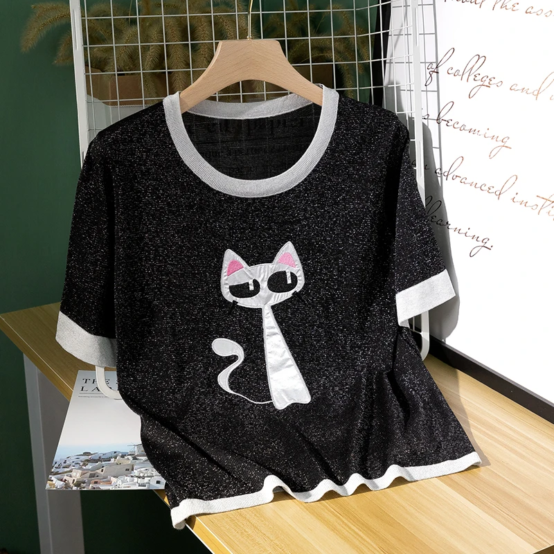 Hilo astilla gato lindo hizo punto las mujeres de manga corta Camiseta femenina 2018 verano nuevo Harajuku Camiseta mujer Hilo astilla gato lindo hizo punto las mujeres de manga corta Camiseta femenina 2018 verano nuevo Harajuku Camiseta mujer