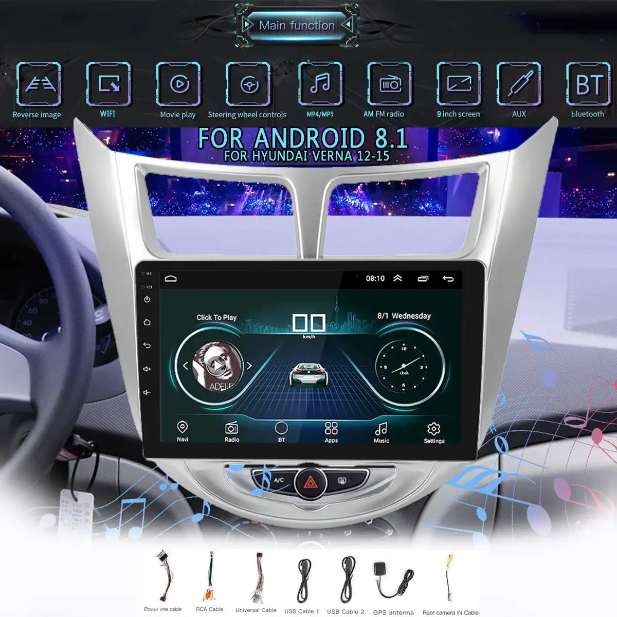 

1G+16G for Android 8.1 Car Radio Multimedia Stereo Audio Player Navi GPS 2 Din For Hyundai Verna Solaris Accent Blue Hatchback