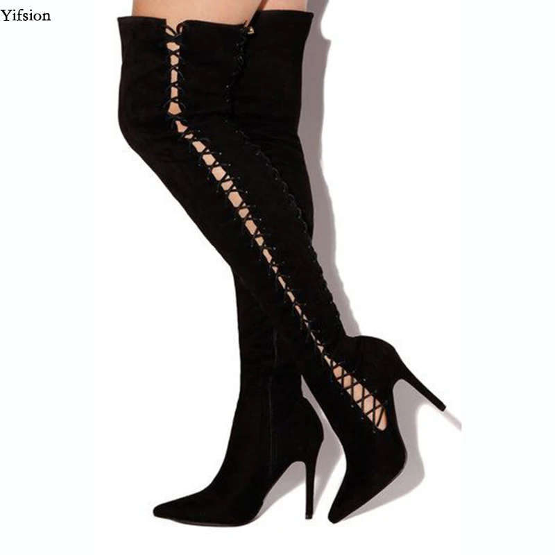 

Olomm New Arrival Women Over The Knee Boots Stiletto High Heels Boots Pointed Toe Elegant Black Shoes Women Plus US Size 5-15