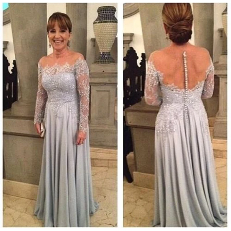 

Grey Long Sleeve Mother Of The Bridal Dresses Off The Shoulder Applique Floor Length Chiffon Formal Wedding Gowns Party Dress