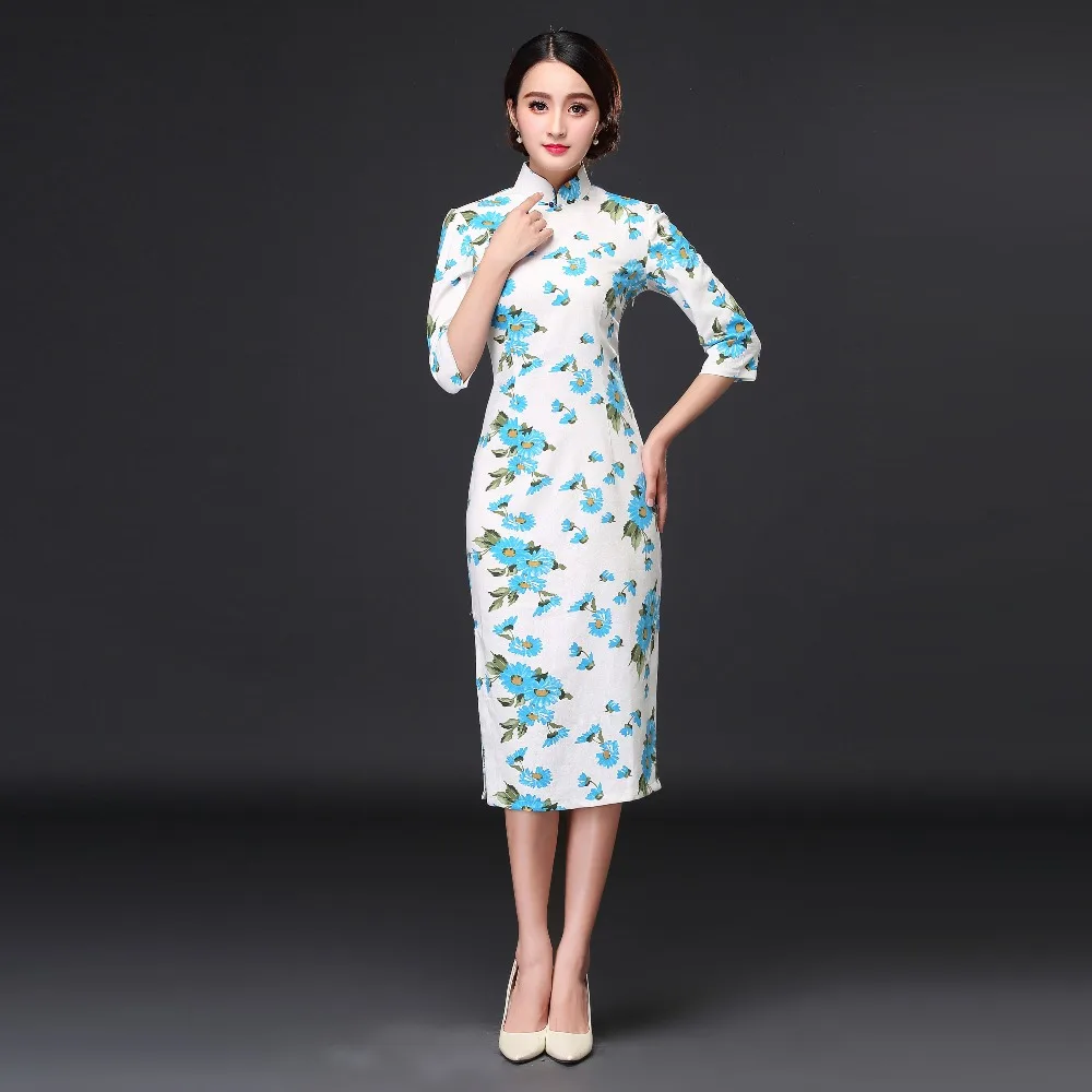 Novelty Clothes Chinese Traditional women's dress Cotton Linen Cheongsam Qipao Summer Three Quarter Sleeve Long Dress chinese dress