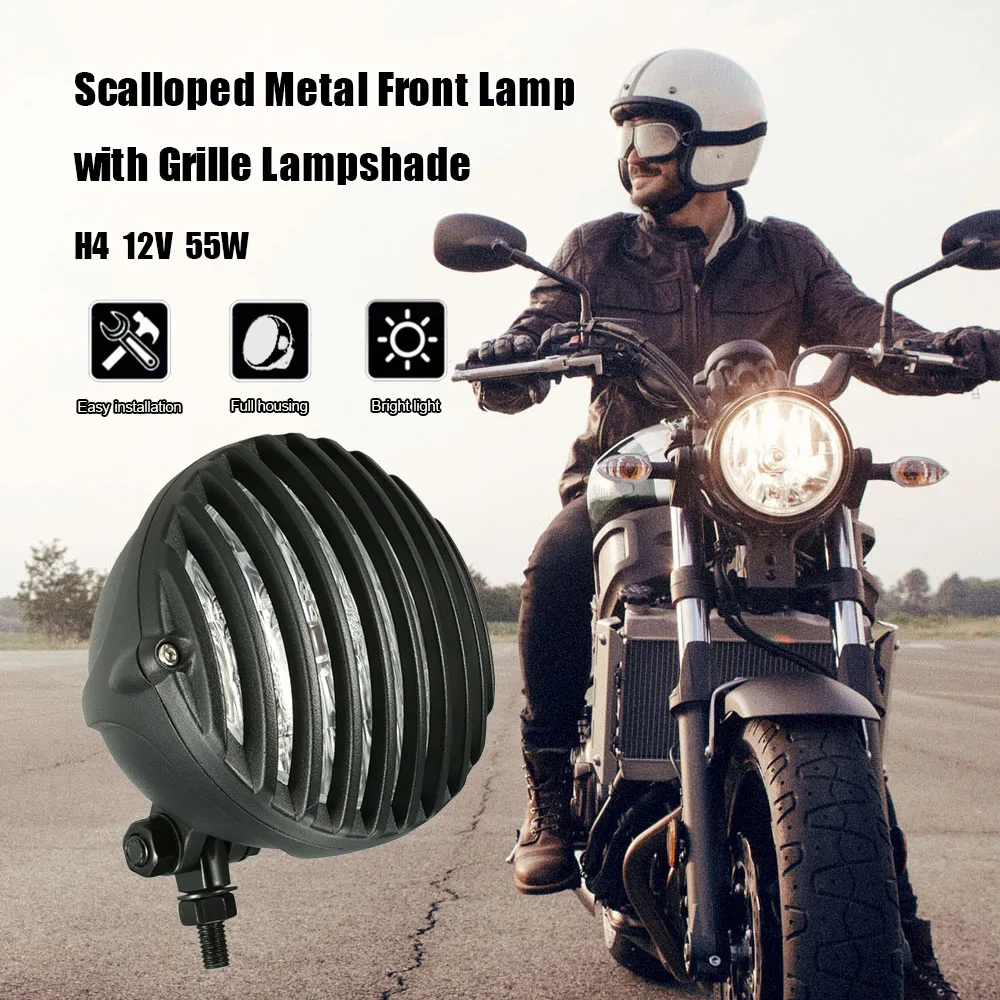 

Motorcycle headlight for Harley Scalloped with Grille Lampshade Chopper Bobber H4 12V 55W 5-inch