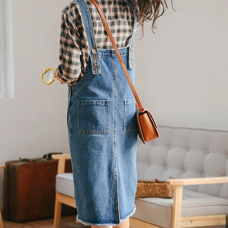 Spring solid color Denim Strap Dress Women Pocket brushed hem Jean Strap knee length Dress Female College style Overalls