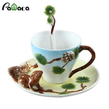 

Hand Crafted Enamel Porcelain Squirrel Theme Coffee Mug Tea Cup Coffee Cup Set with Spoon and Tray Drinkware Gifts Home Decor
