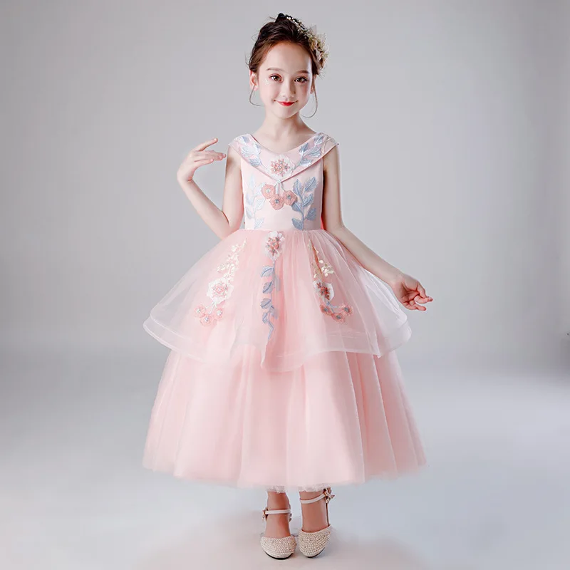 

Girls Tulle Gown Flower Girls Dress For Weddings Simple Elegent Small V-neck Sleeveless Flower Dress Big Girls Long Ball Gown