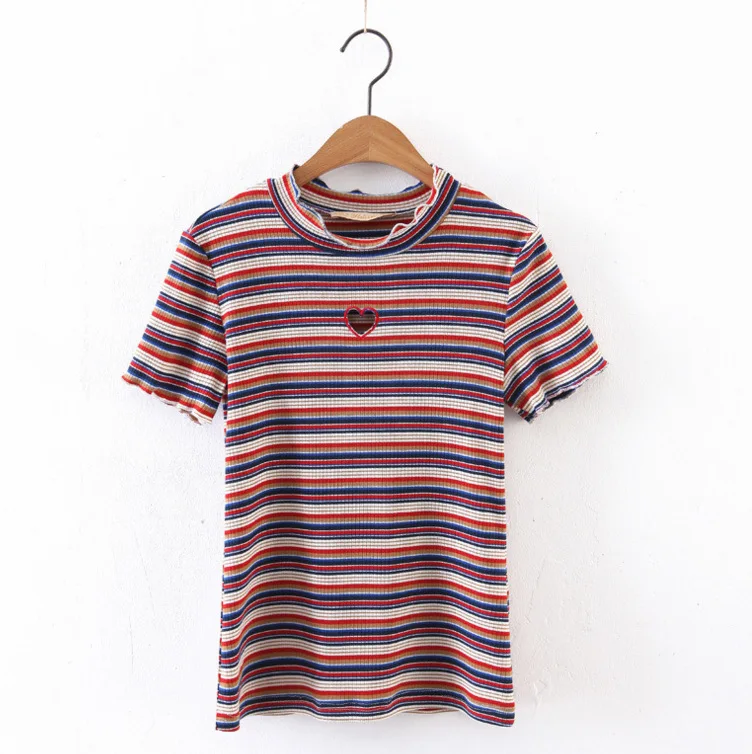 

Embroidery Peach Love Heart Cut Hollow Out Rainbow Striped Small Turtleneck Slimming Lolita Kawaii Korea T-shirt