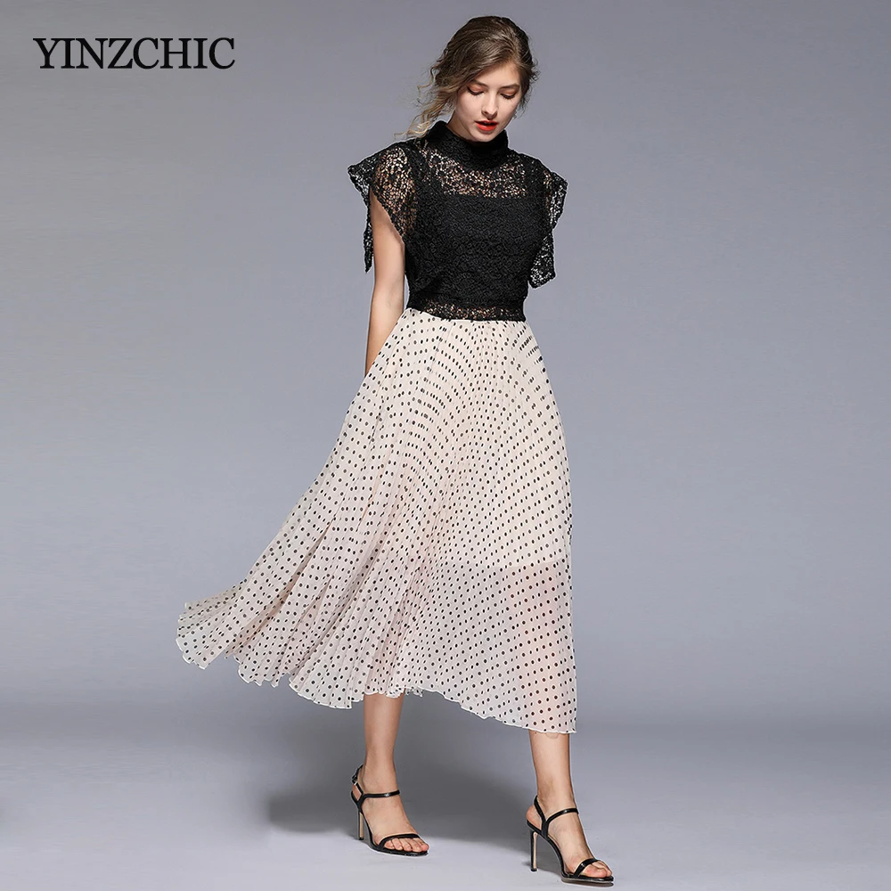 

Elegant woman summer party dress lace patched chiffon