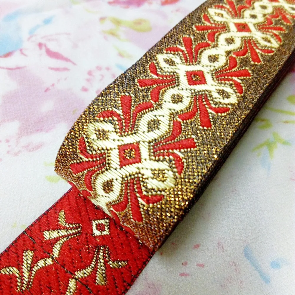 

3.3cm 33mm 1-3/8 Diy Red Golden Pet Dog Collar Curtain Filigree Flower Bedding National Jacquard Ribbon Woven Webbing Blink Trim