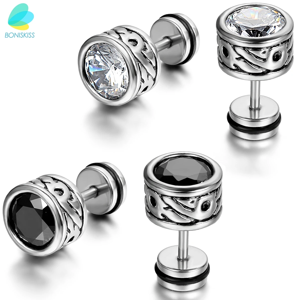 BONISKISS High Quality Cool Mens Earring Ear Stud Stainless Steel CZ Crystal Fake Plug 2 Color