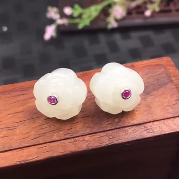 

Natural authentic female s925 silver inlay and white jade earrings simple fashion earrings
