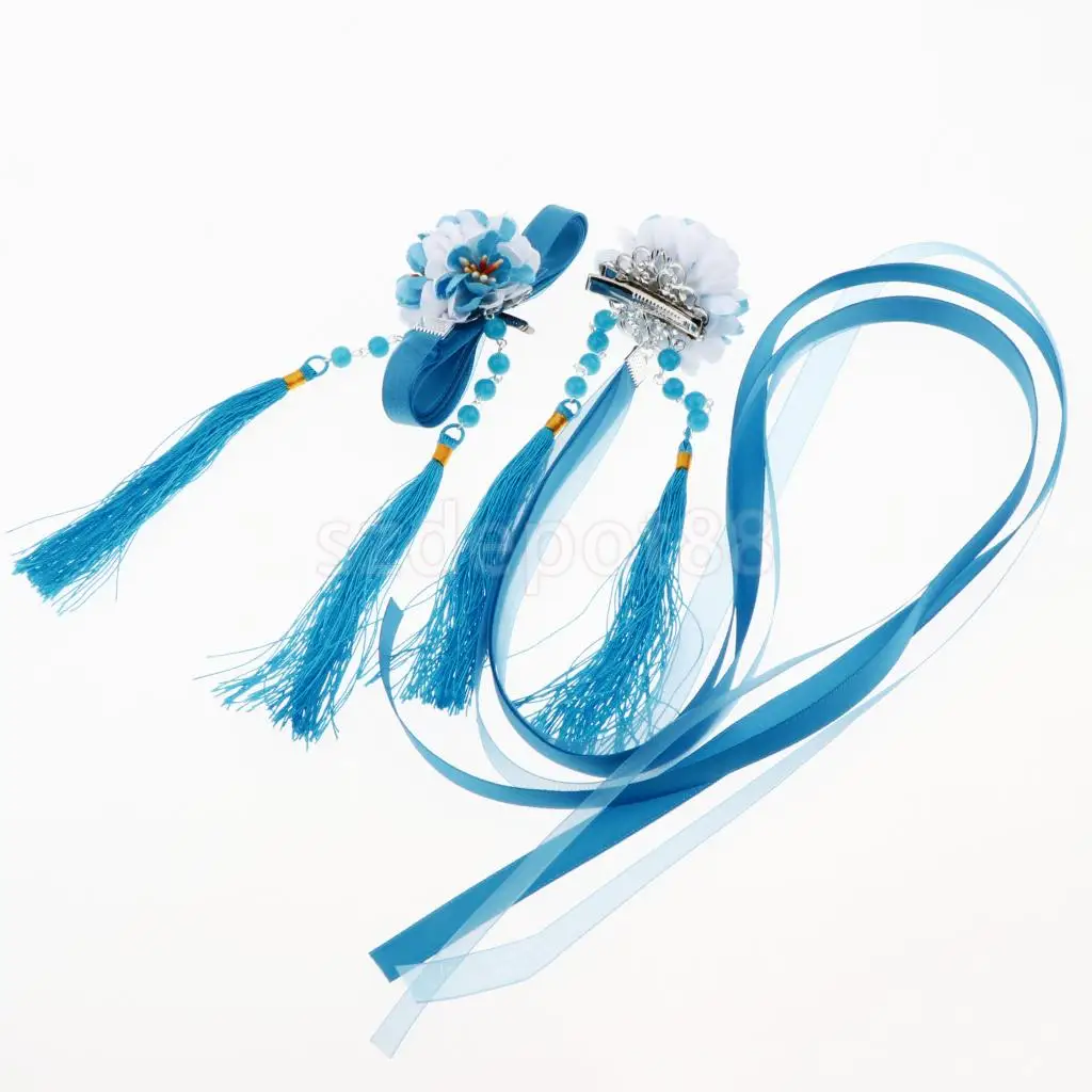 Ribbon Flower Chain Tassel Ancient Chinese Headdress Clip & Beads Dangle Earring Set Bridal Wedding Cosplay Party Hair Jewelry