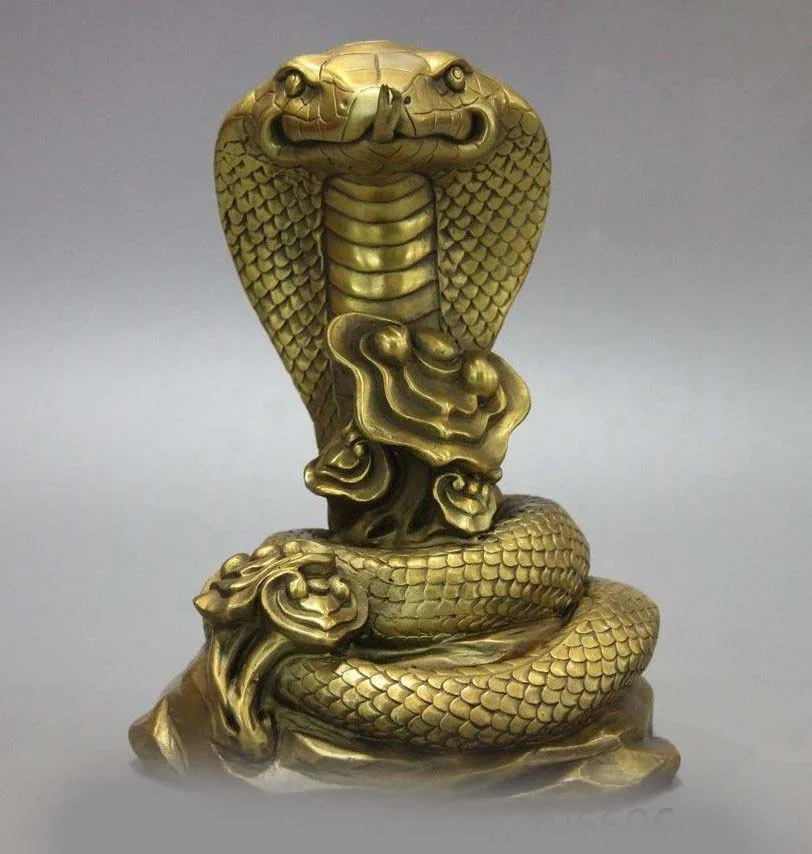 

China Folk Pure Brass Copper Fengshui Wealth Lucky Zodiac Fu Cobra Snake Statue