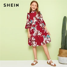 SHEIN/детское милое платье для девочек со стоячим воротником с цветочным принтом и рюшами; коллекция года; летние платья до колена с рукавами-воланами