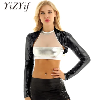 

Women Shiny Metallic Shrug Long Sleeves Open Front Shrug Bolero Short Crop Cardigan Top for Stage Performance Aerial or Rave