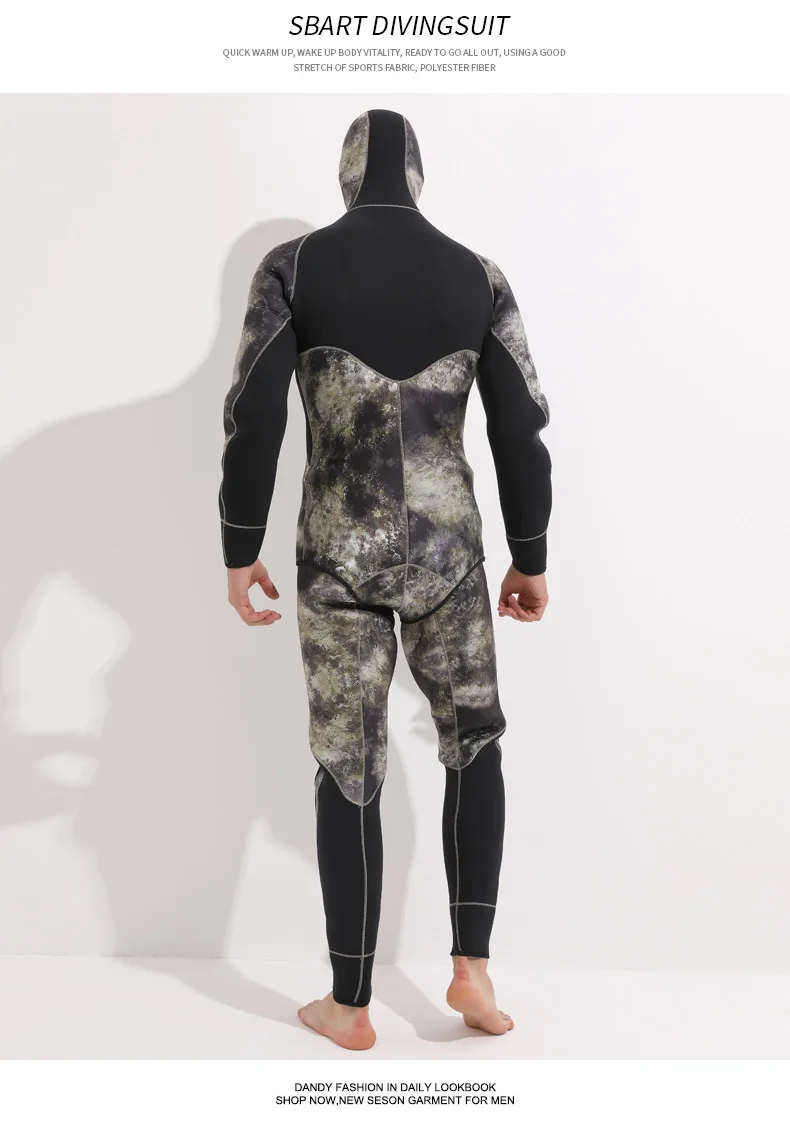 SBART мужской 5 мм неопреновый эластичный костюм для подводного плавания, рыбалки, подводного плавания, подводного плавания, зимний теплый костюм из двух предметов с капюшоном