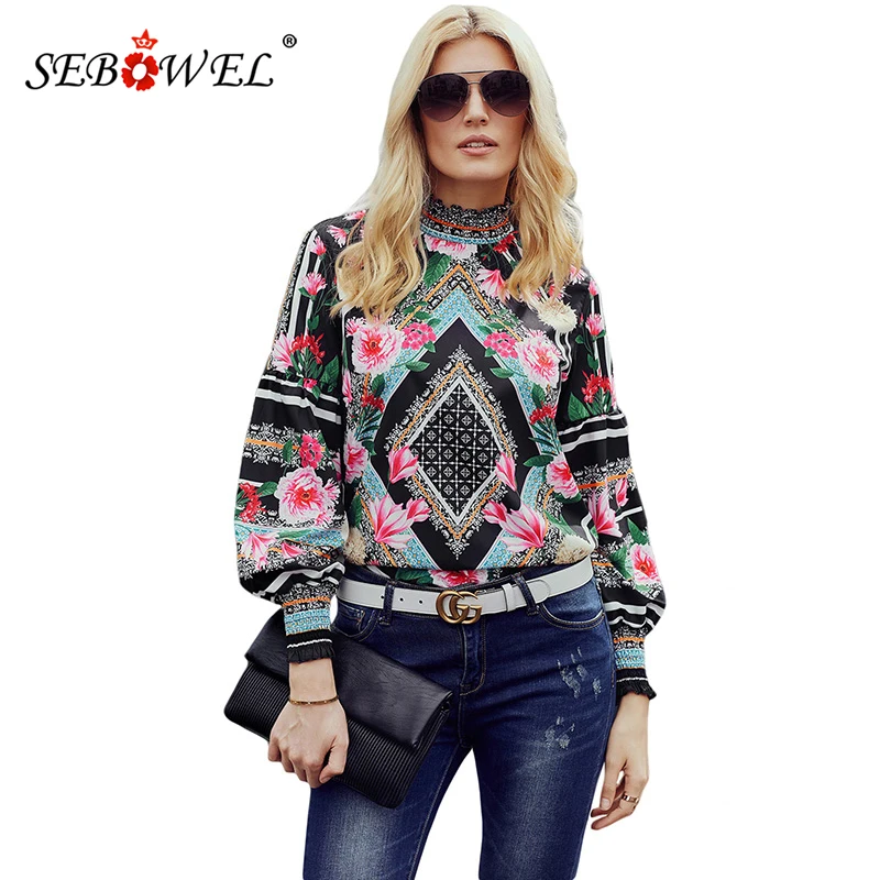 Черная богемная Цветочная женская блузка SEBOWEL рубашки шикарные женские топы и
