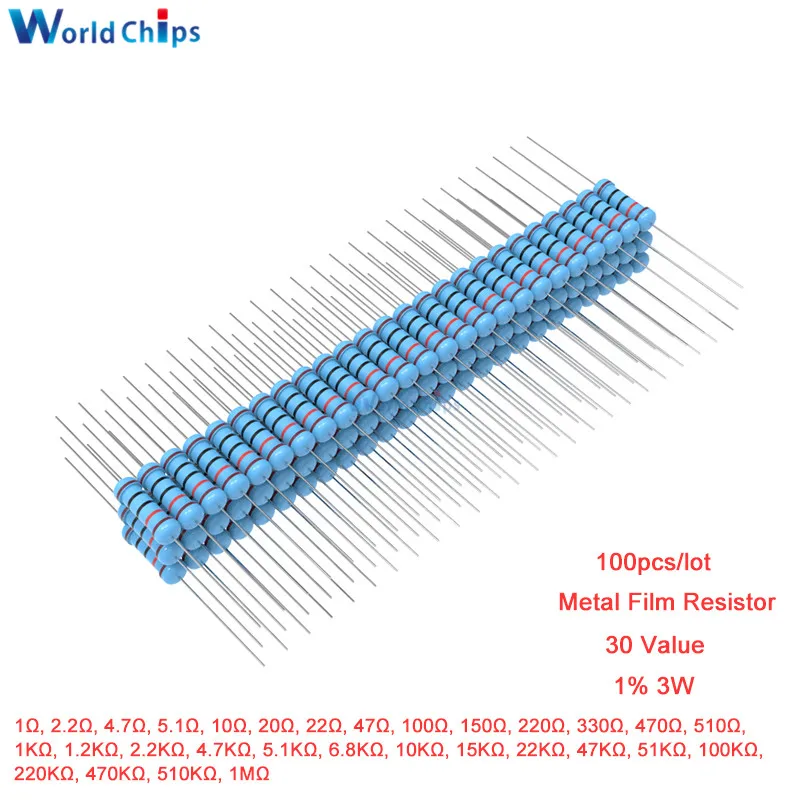 100 шт./лот 1R 4.7R 10R 100R 220R 1K 2 K 4 7 6 8 10K 22K 47K 100K 470K 1MΩ Ом Сопротивление 1% 3W металлический