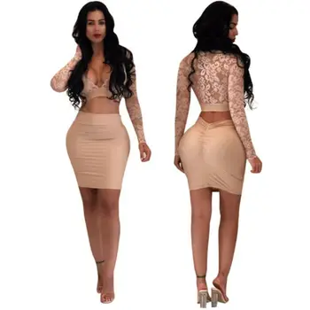

Women Sexy Bodycon Long Sleeve Cocktail Lace Mini Dress 2019 Hot Sale Lace V Neck Long Sleeves Crop Top+Mini Skirt 2Pcs Set New