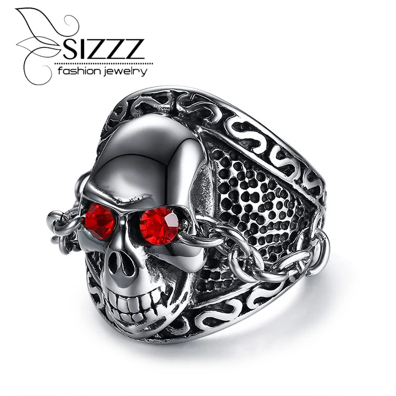

SIZZZ European and American style punk titanium steel rhinestone ghost head casting ring for Men Size 8-12