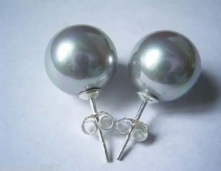 

2pc charming 10mm round grey south sea shell Pearl Earrings silver stud