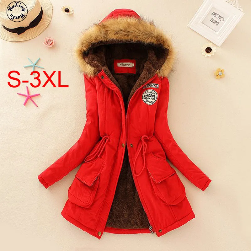 

Woxingwosu hooded parkas hair cap, hair collar, slim waist thickening and warmth, medium long cotton jacket size S to 3XL