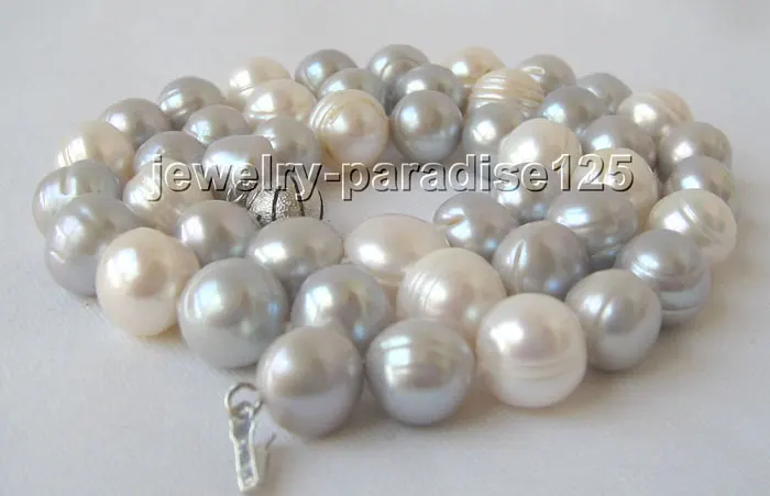 

Charming 17" 11-12mm natural white & gray flaw round freshwater pearl necklace ^^^@^Noble style Natural Fine jewe FREE SHIPPING