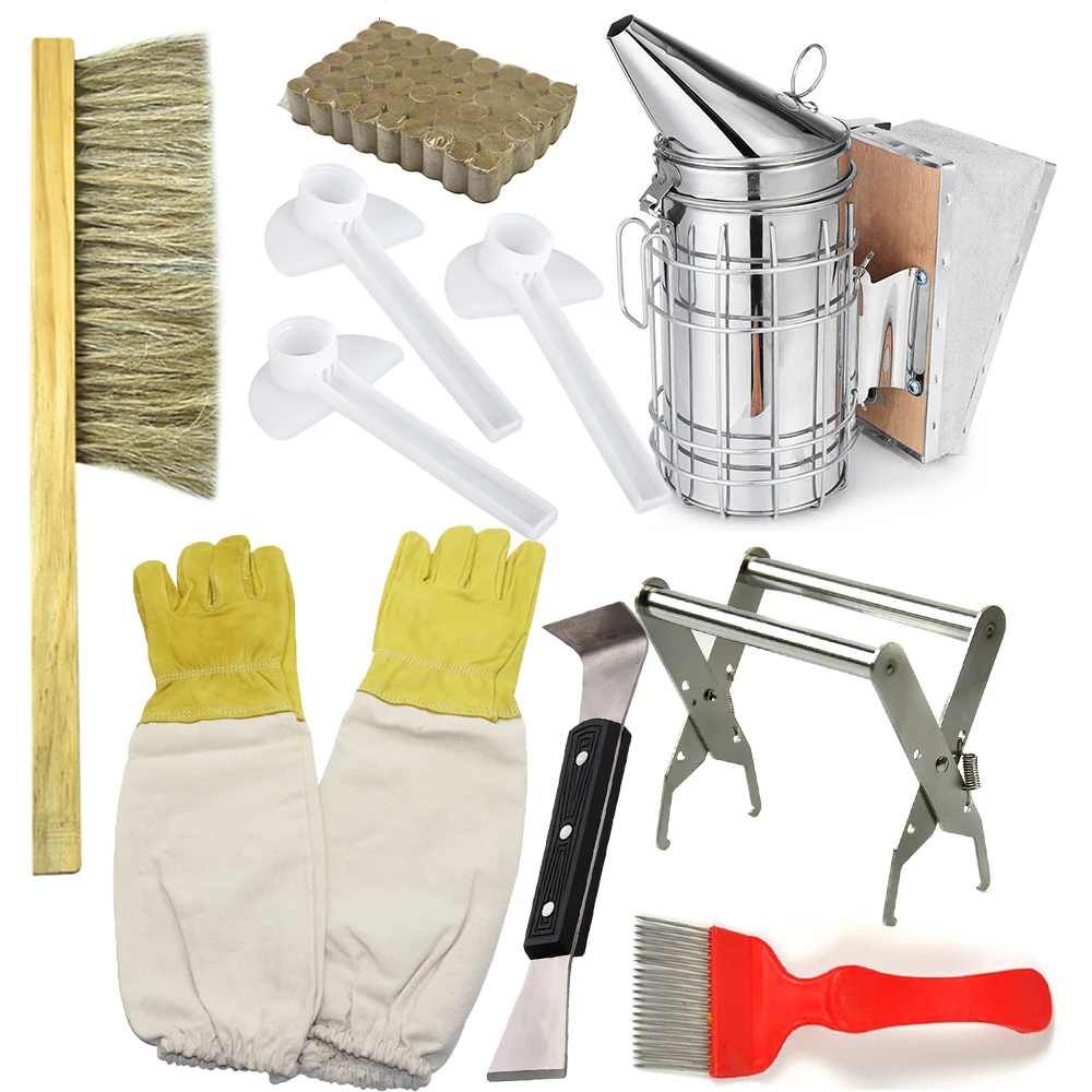 

10 in 1 complete practical beekeeping tools kit hive tool bees feeder glove brush holder smoke generators bee honey fork scraper