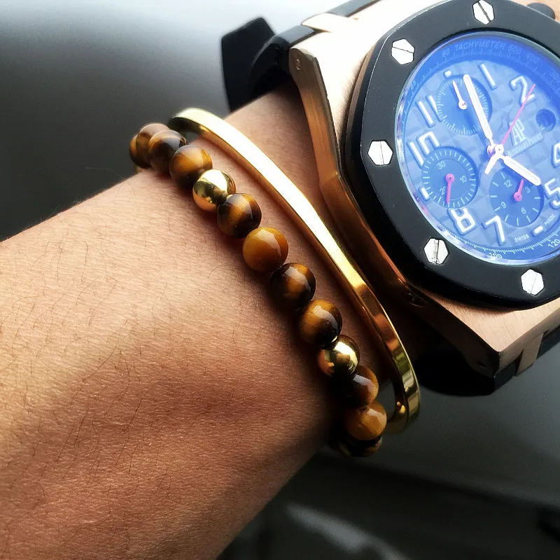 Mcllroy 6mm Titanium Steel Bead bracelet pulseiras masculinas natural stone tiger eye bracelets mens bracelet cuir homme
